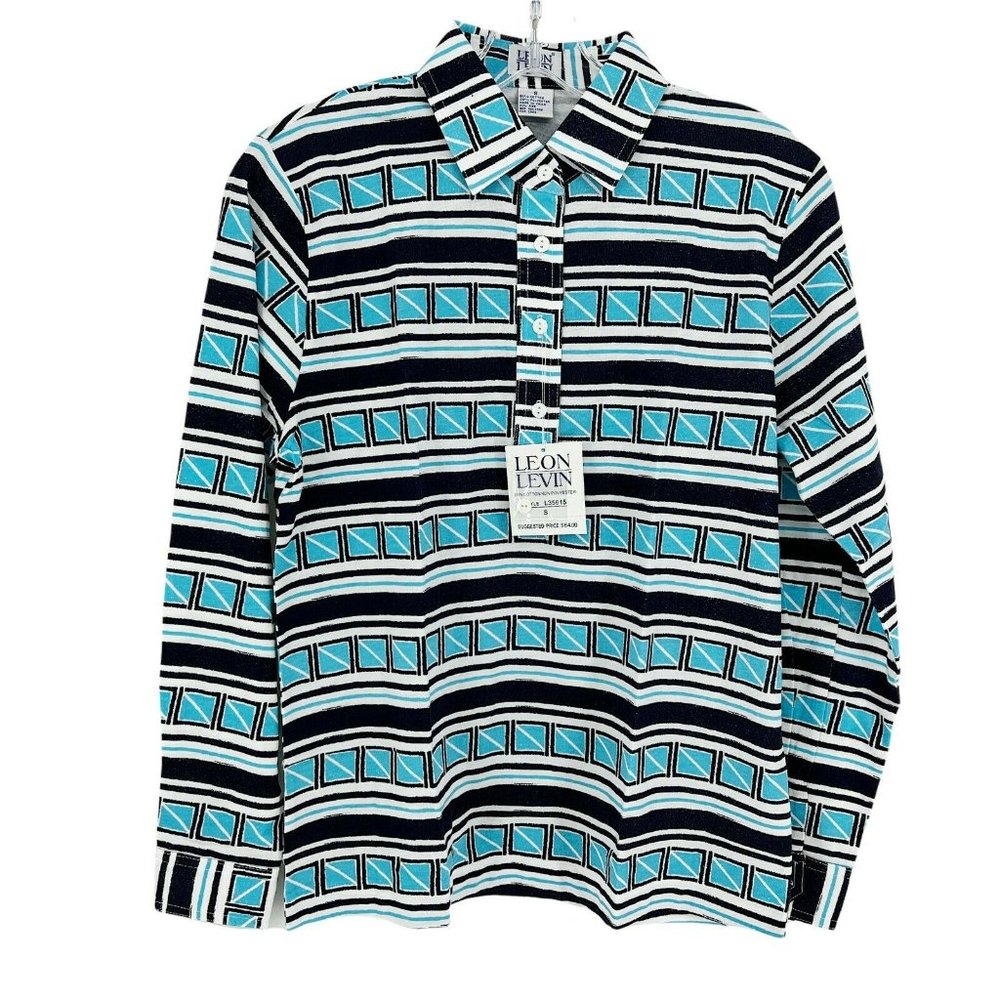 New Leon Levine Polo Shirt Women's Small Long Sleeve Blue Striped 35615
